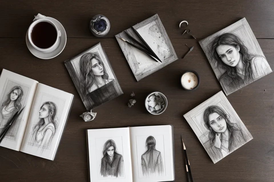 Multiple soulmate sketches compared side by side on a table.
