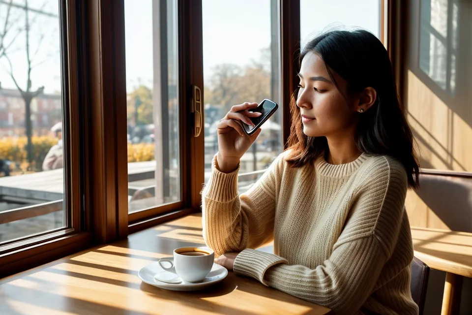 A woman checking her soulmate sketch on her phone at a cafe.