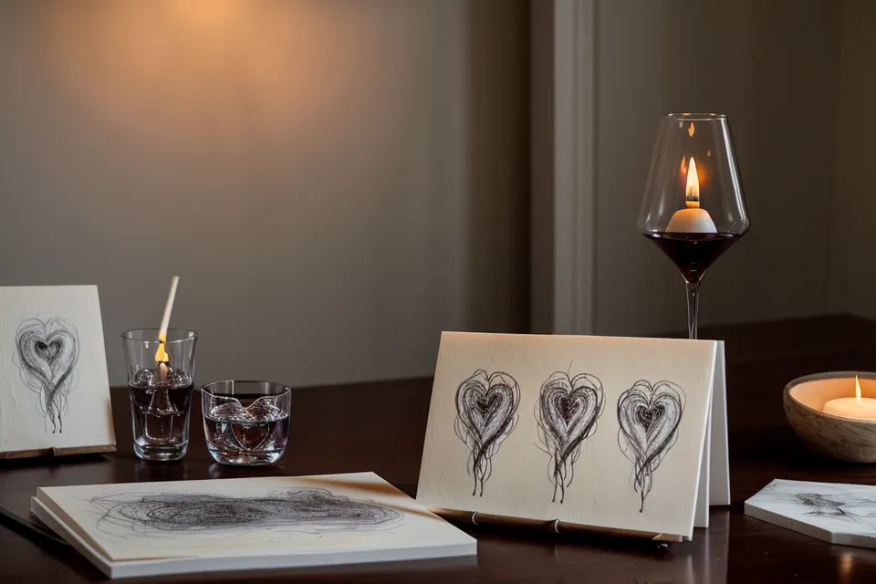 Four different psychic soulmate sketches compared side-by-side on a wooden table.