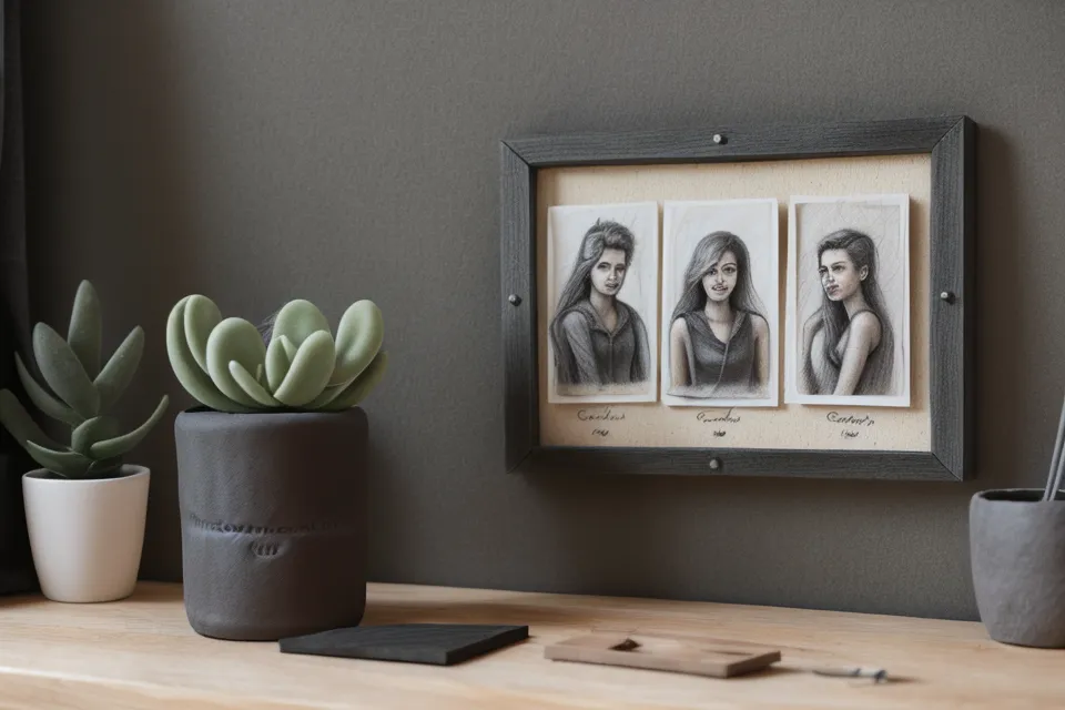 A collection of four different soulmate sketches on a corkboard