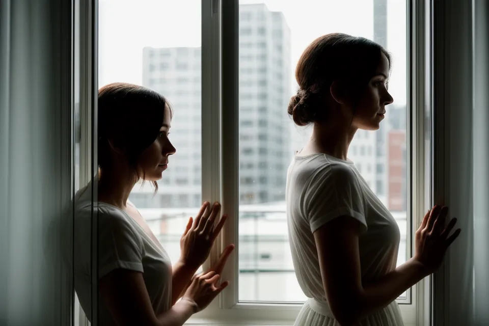 Woman looking over a collection of soulmate sketches with quiet spiritual curiosity