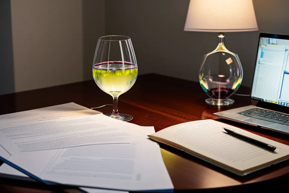 Close-up of a laptop screen and a glass of wine reflecting blue light.