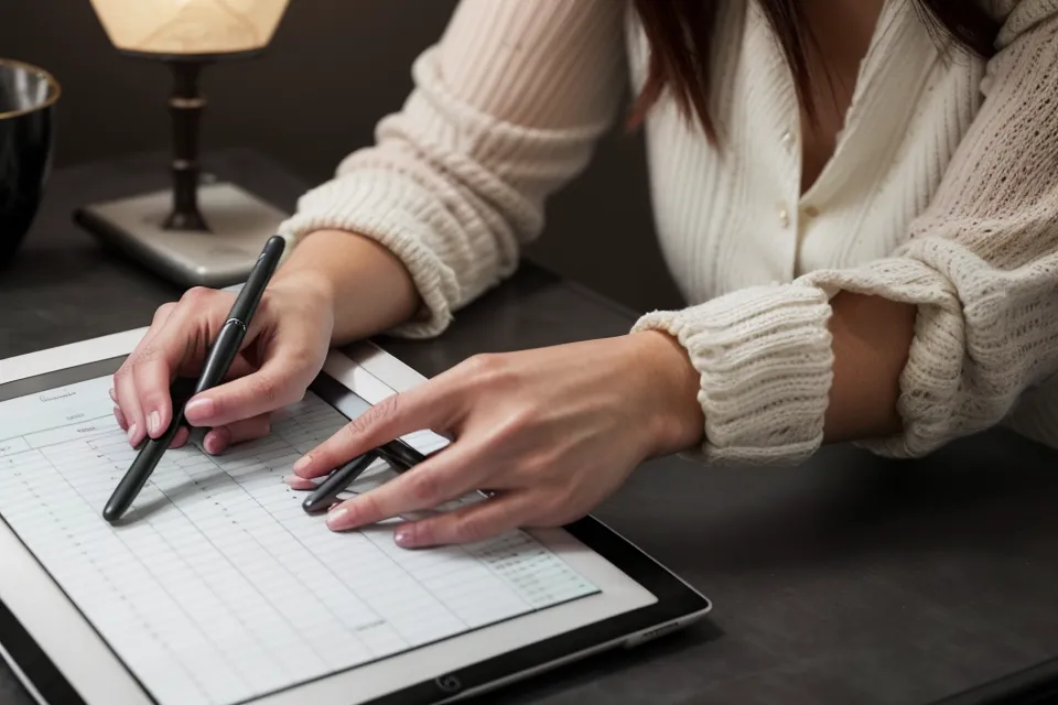 A person comparing soulmate sketches with a spreadsheet in a cozy room.