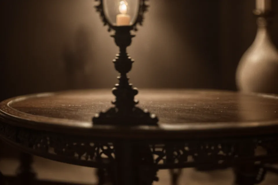 A vintage sepia photograph showing a ghostly figure in a Victorian parlor.