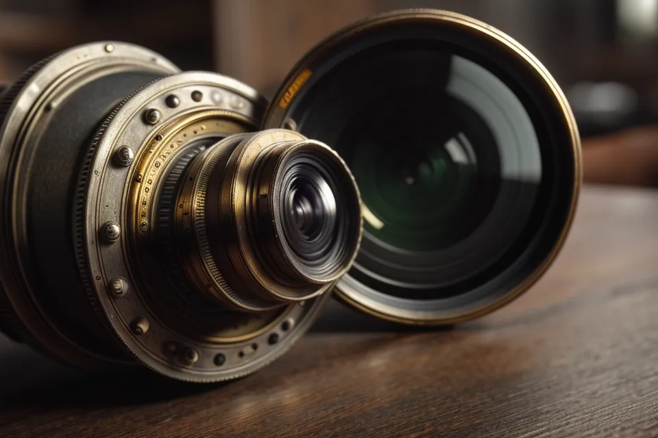An antique 19th-century camera lens with glass photography plates.