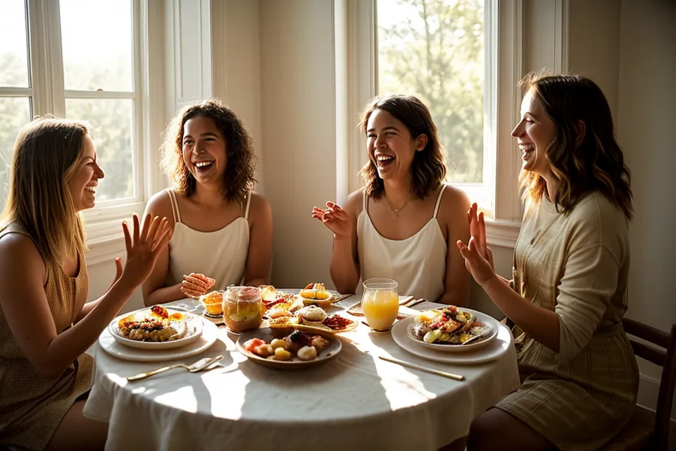 Friends laughing and looking at a psychic soulmate sketch during brunch.