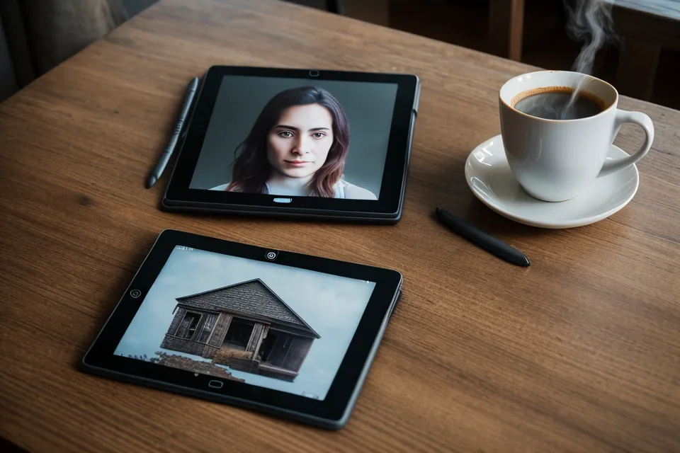 A close-up of a psychic soulmate sketch displayed on a digital tablet next to a coffee mug.