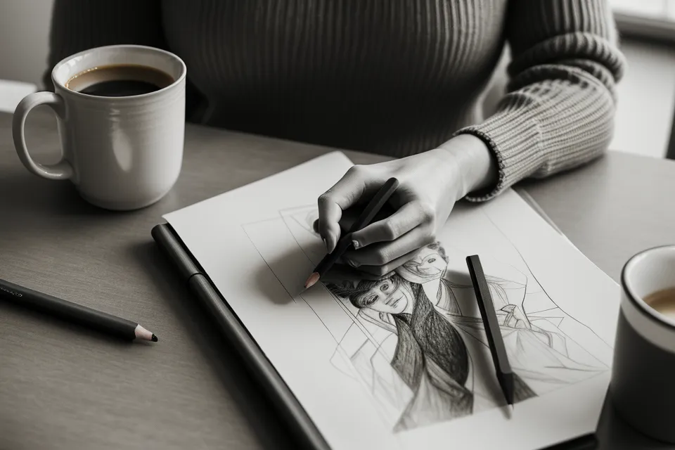 A hand holding a psychic sketch next to a digital personality profile on a phone.