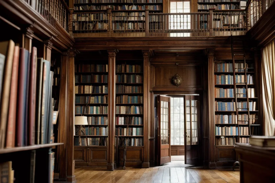 An old bookstore with high shelves and a rolling library ladder.