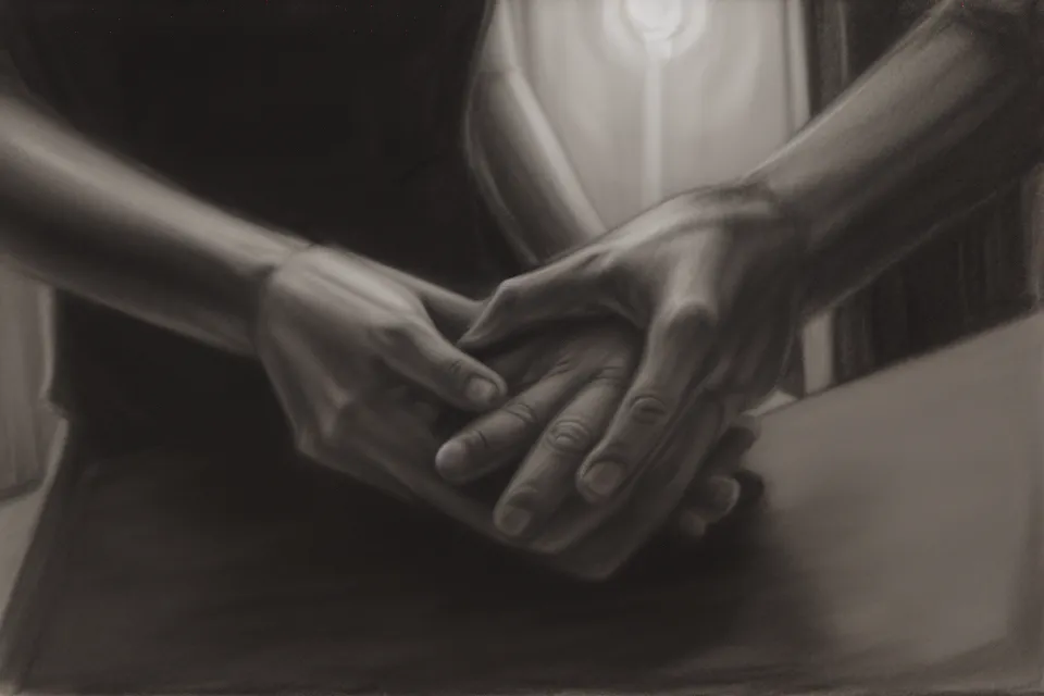 Close up of a hand holding a detailed hand-drawn soulmate sketch