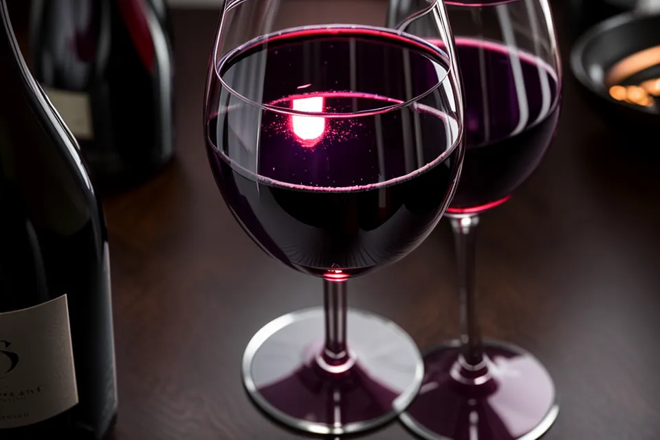 A glass of wine reflecting the blue light of a laptop screen