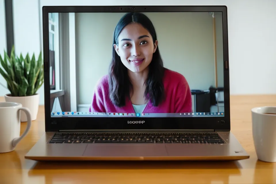 A laptop showing a video call next to a printed soulmate drawing