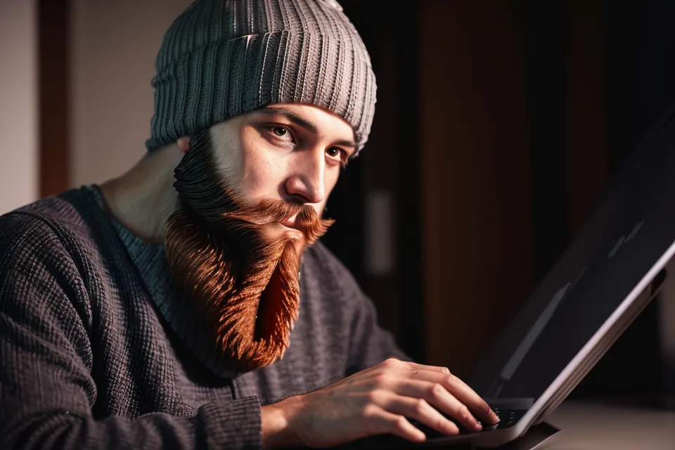 A digital soulmate sketch of a bearded man displayed on a laptop.