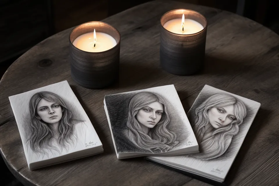 Two different psychic soulmate sketches compared side-by-side on a table.
