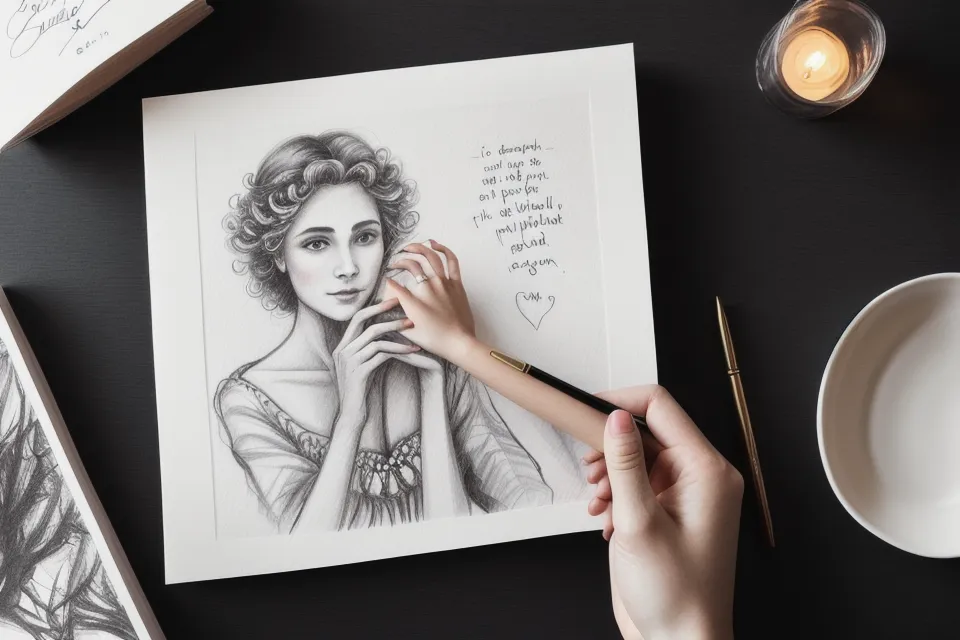 Close up of a hand holding a printed soulmate sketch under a lamp