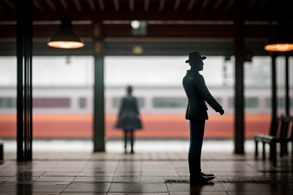 A person looking at a crowd at a rainy train station platform.