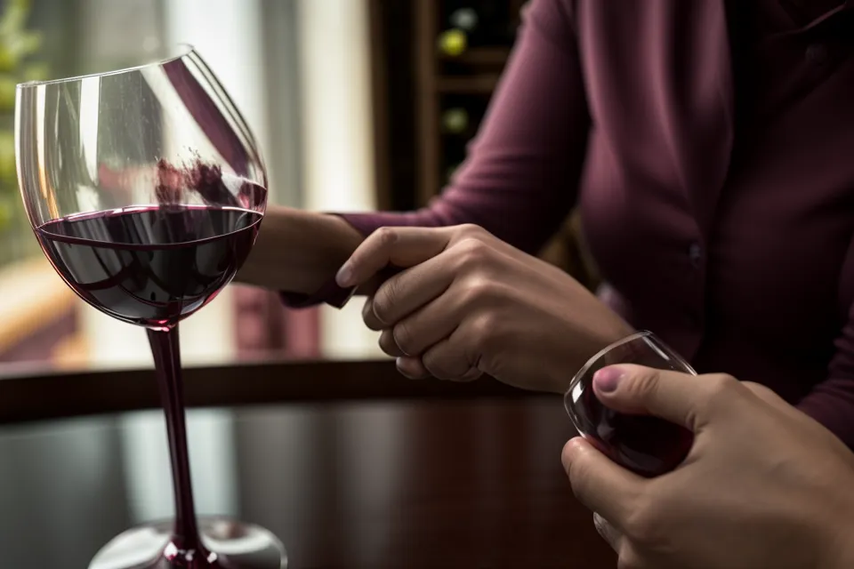 Close-up of a wine glass and a laptop screen displaying a soulmate sketch.