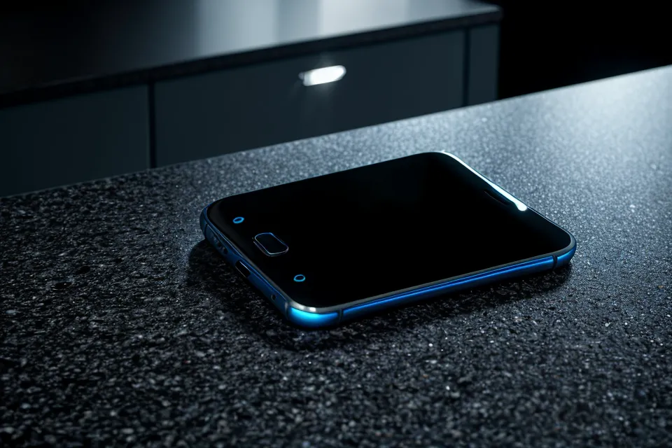 A smartphone screen glowing in a dark kitchen showing a digital soulmate sketch.