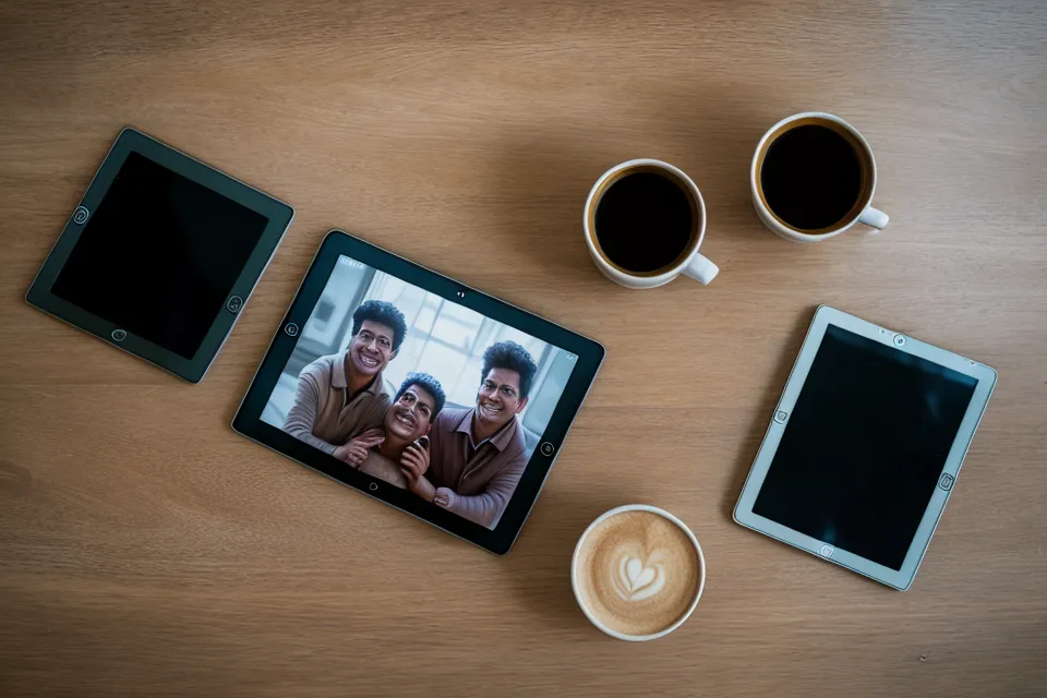 A tablet displaying four different soulmate sketches side-by-side for comparison.