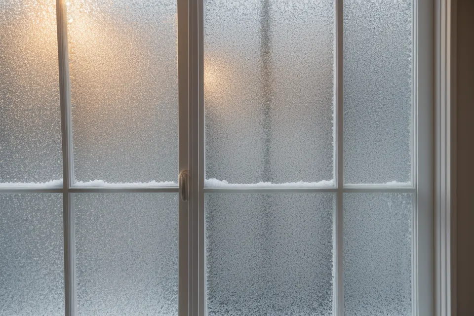 A snowy suburban Philadelphia street viewed through a warm, frost-edged window.