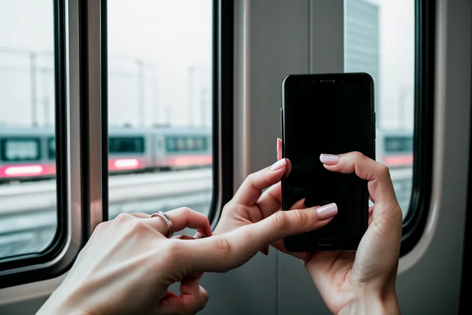 A hand holding a phone on a train with a soulmate sketch notification.