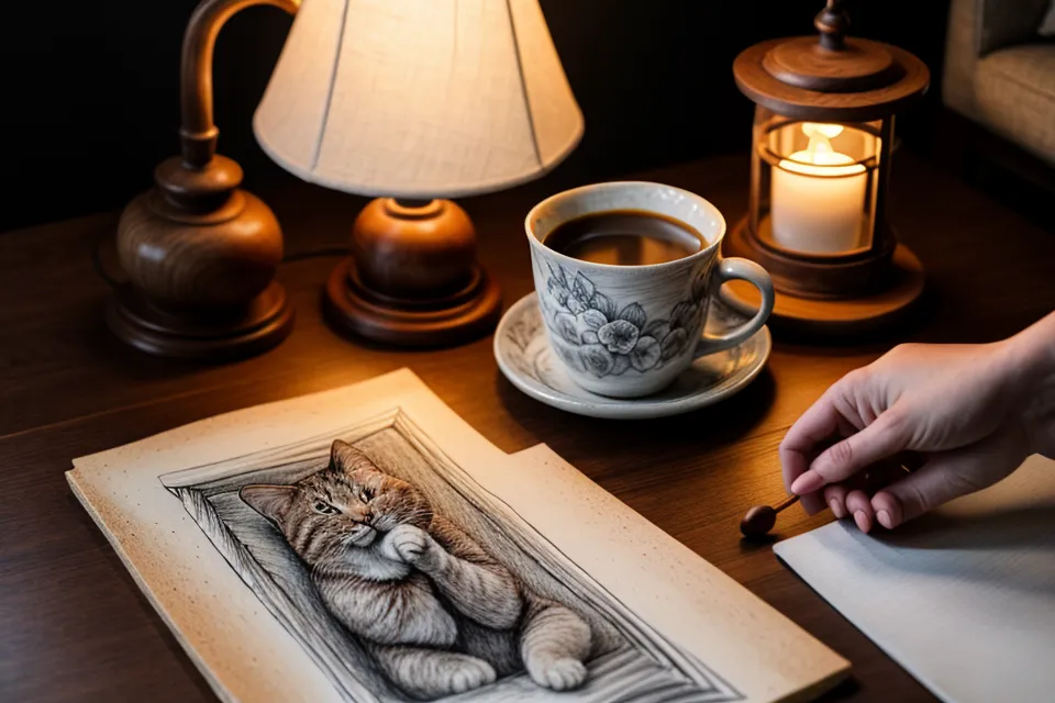 Close-up of psychic soulmate sketches on a coffee table with a cat paw resting on the pile, part of a suburban dating relationship experiment
