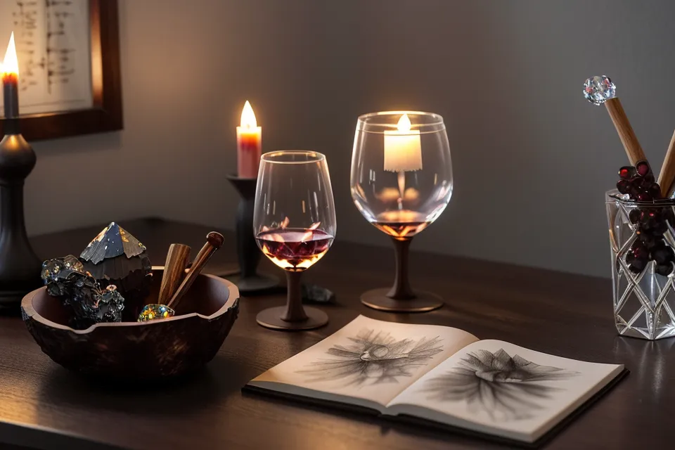 Close-up of a hand holding a psychic soulmate sketch next to wine.