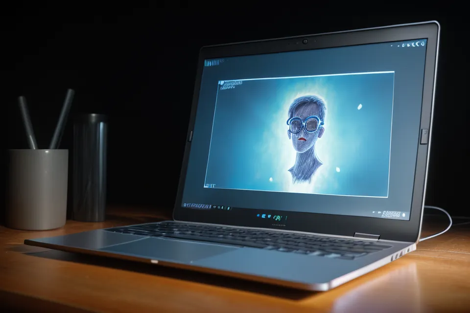 A digital soulmate sketch on a laptop screen with glasses and pizza nearby.