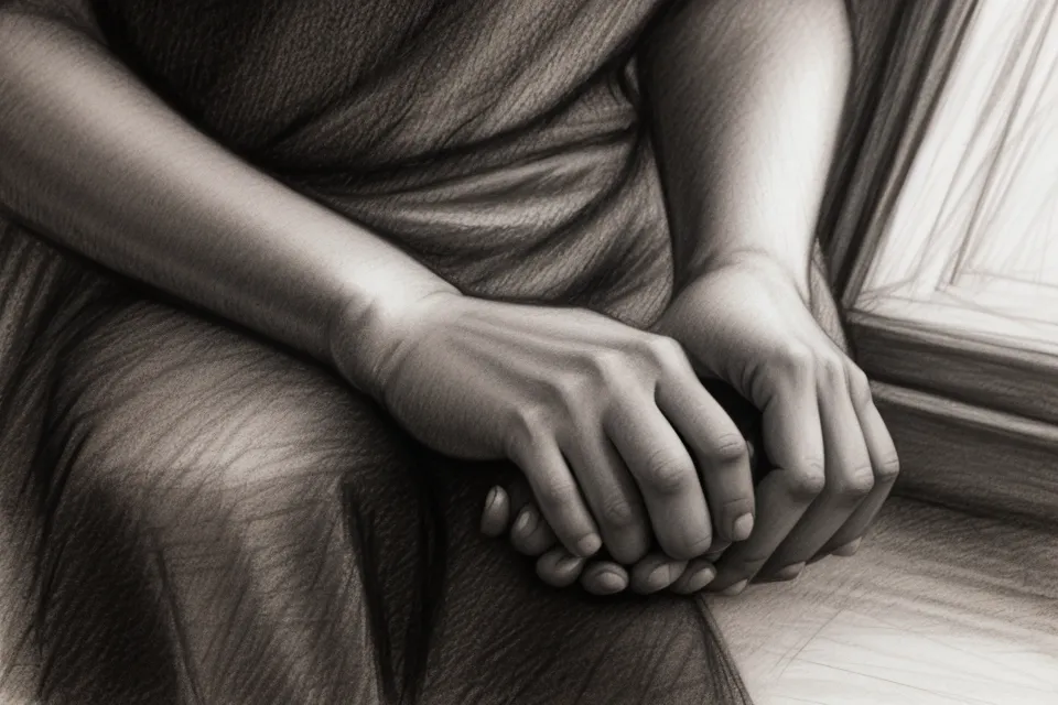 Close-up of a hand holding a detailed charcoal-style soulmate sketch.