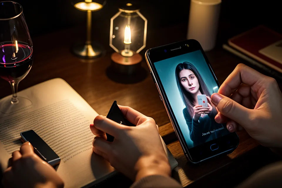 A person holding a phone showing a digital soulmate sketch portrait