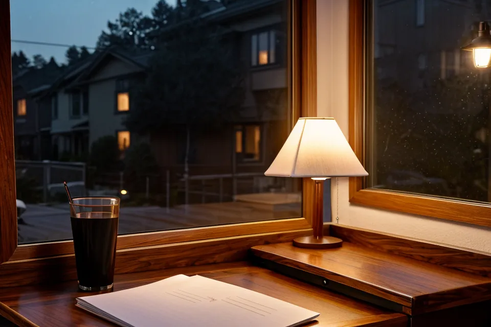 A peaceful suburban Philadelphia street view at dusk through a window