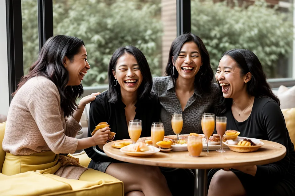 Friends laughing at a soulmate sketch on a laptop during brunch