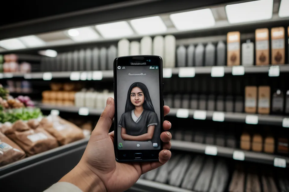 A person looking at a digital soulmate sketch on their phone while grocery shopping.