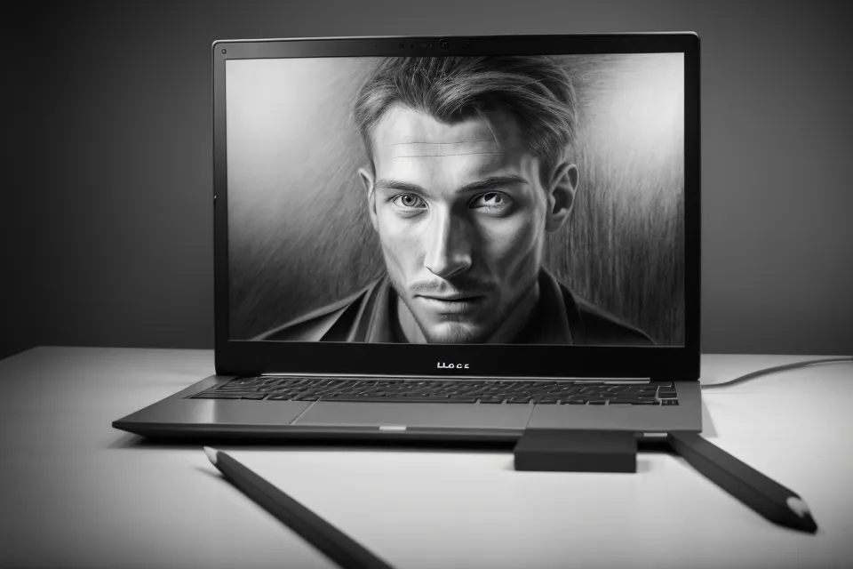 Close up of a detailed digital charcoal soulmate sketch on a laptop screen
