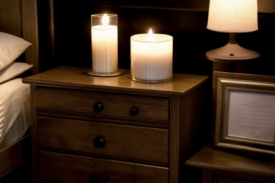 A nightstand drawer holding four folded soulmate sketch drawings next to a candle